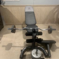 Incline - Decline Bench With Legs Extension With 50   Lbs And Curl Preacher  And Olimpic Bar With 30 Pounds 2” Discs And 2” Inches Clips 80 Lbs Total 