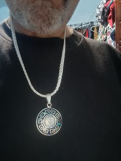 Sterling Silver Aztec Calendar Medallion w Braided Chubby Necklace