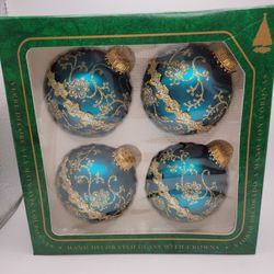 Vintage  Box Of 4 Christmas By Krebs Teal 3" Glass Ornaments Gold Glitter Design