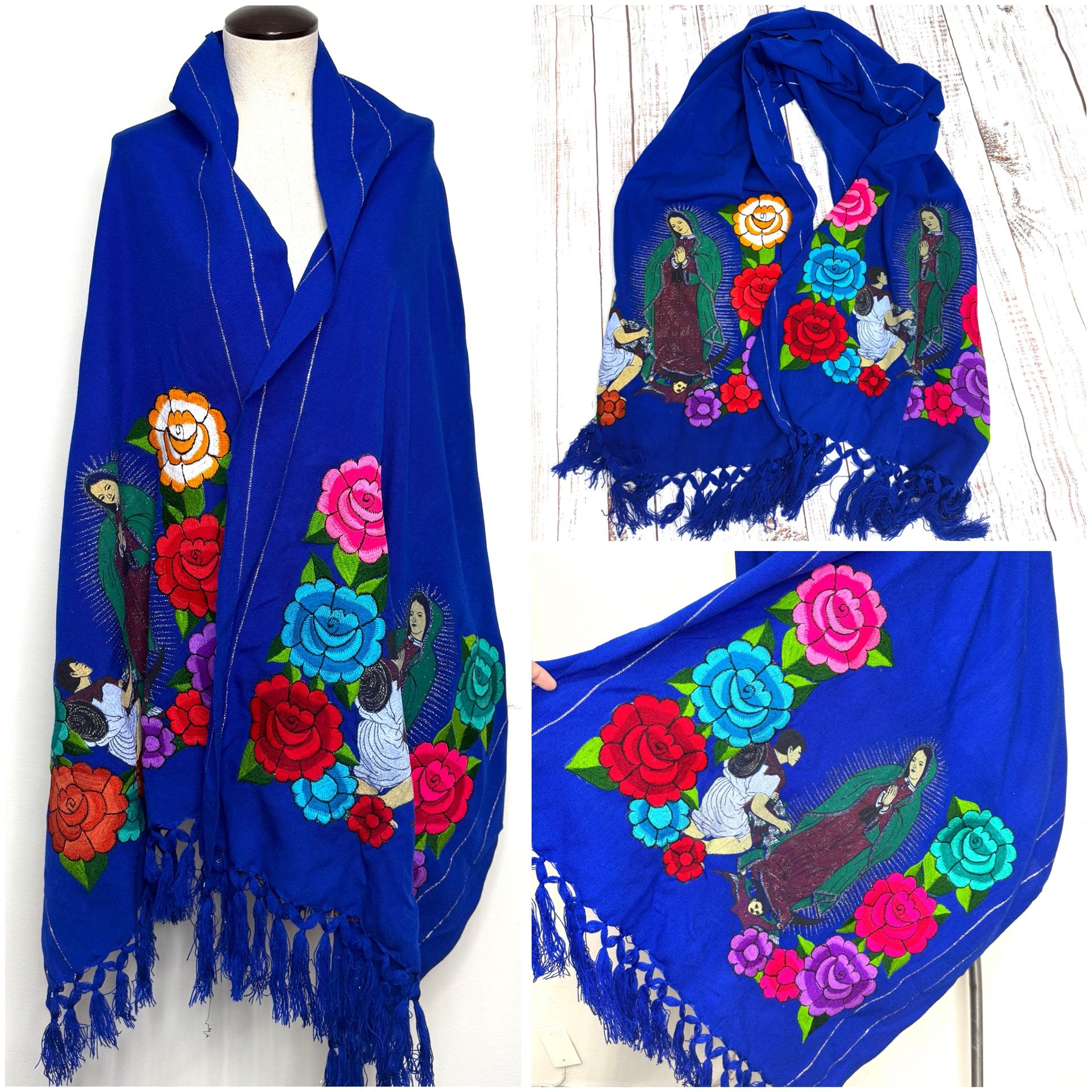Our Lady of Guadalupe Virgin Mary Blue Shawl Wrap Mexican Floral Embroidery Bufanda Virgen María