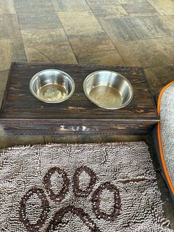 Rustic Dog Food Bowls Wooden Crate and Rug