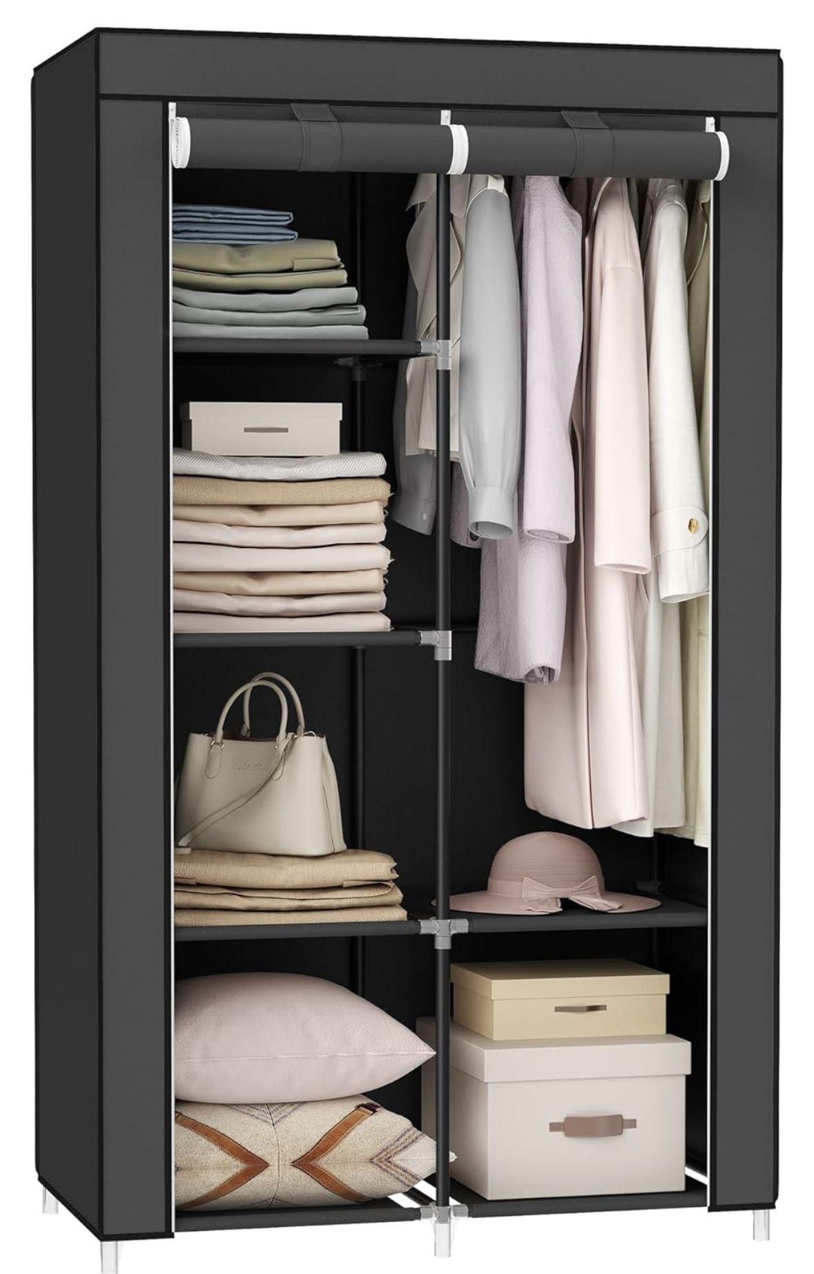 Portable Closet, Clothes Storage Organizer with 6 Shelves, 1 Clothes Hanging Rail, Non-Woven Fabric Closet, Metal Frame, 34.6 x 17.7 x 66.1 Inches, Bl