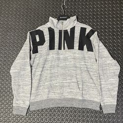 PINK Victoria's Secret Sweatshirt Women's S Gray 1/2 Zip Pullover Logo Pockets