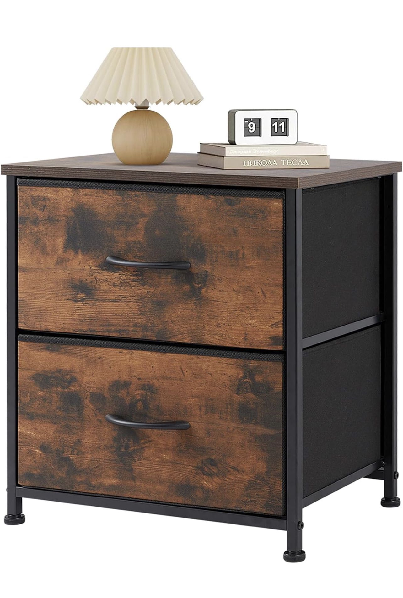 Nightstand with 2 Drawers, End Tables Bedside Furniture Side Table with Storage Kids Night Stand with Fabric Bins, Wooden Top Small Dresse