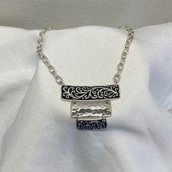 Silver Tone Geometric Pendant Necklace Black Enamel Statement Pre Owned