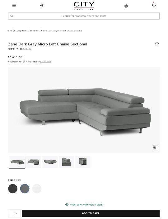 Dark Gray Microfiber Left Chaise Sectional Couch