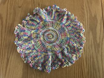 2 vintage hand crocheted round multi doilies 9” diameter