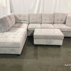 Brand New Grey Chenille Fabric Sectional With Storage Ottoman 
