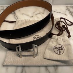 Hermes Belt Men’s Royal Buckle And Reversible  Belt Silver 