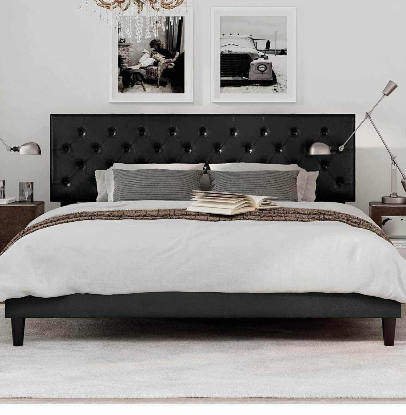 King Size Platform Bed Frame, Adjustable Faux Leather Headboard Black S-3