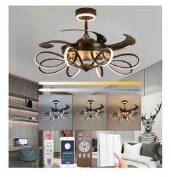 WLEIZHEKAI 3 Color Changeable 6 Speed Black Retractable Ceiling Fan with Lights Fandelier Chandelier Light with Remote 48" Bladeless Fan Ceiling Light