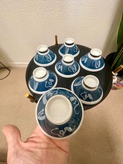 Vintage Japanese Blue & White Calligraphy Rice Bowls - Set of 7 - Kanji "Kotobuki"