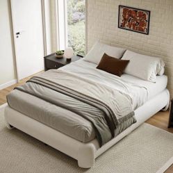 Cloud Queen Size Platform Bed Frame, Soft Boucle Bed Frame with Round Corner, Upholstered Bedframe Full with Heavy Duty Wood Slat, No Box Spring Neede