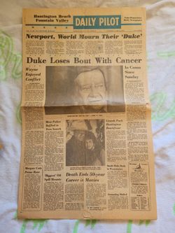 Huntington Beach Fountain Valley Daily Pilot from Tuesday, June 12, 1979.The main headline announces the death of actor John Wayne, who passed away o