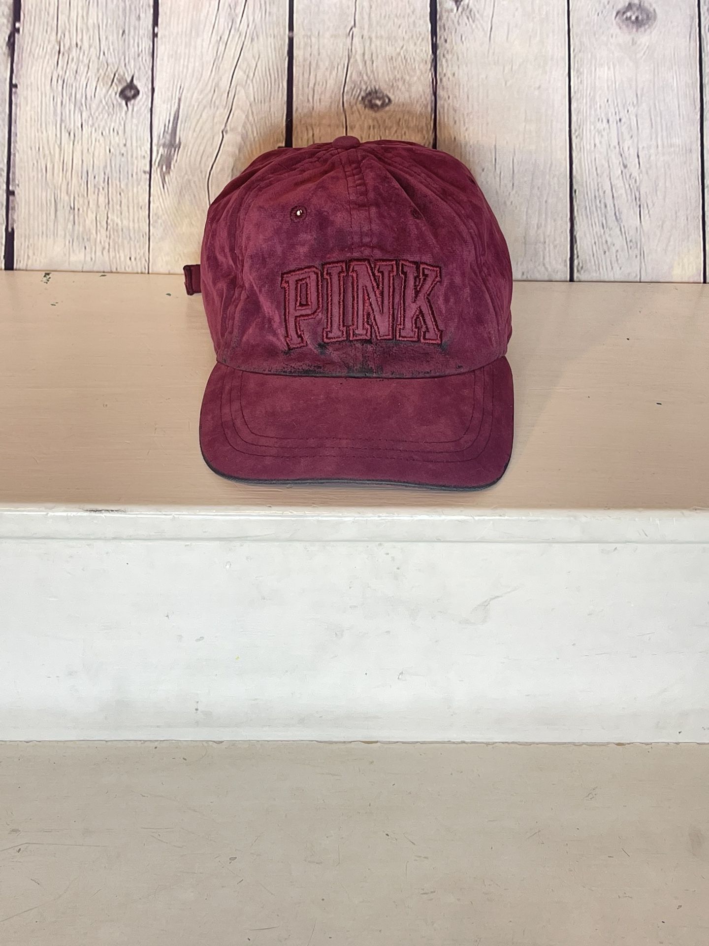 Pink- Victoria’s Secret  velvet, maroon colored hat, sports cap