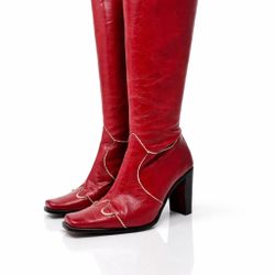 CHARLES DAVID Red Leather Boots Block Heel, Stitching, Square Toe - VINTAGE