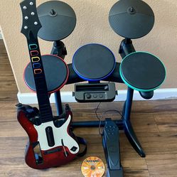 Nintendo Wii Guitar Hero Bundle Drum Guitar Band Set TESTED & WORKS!