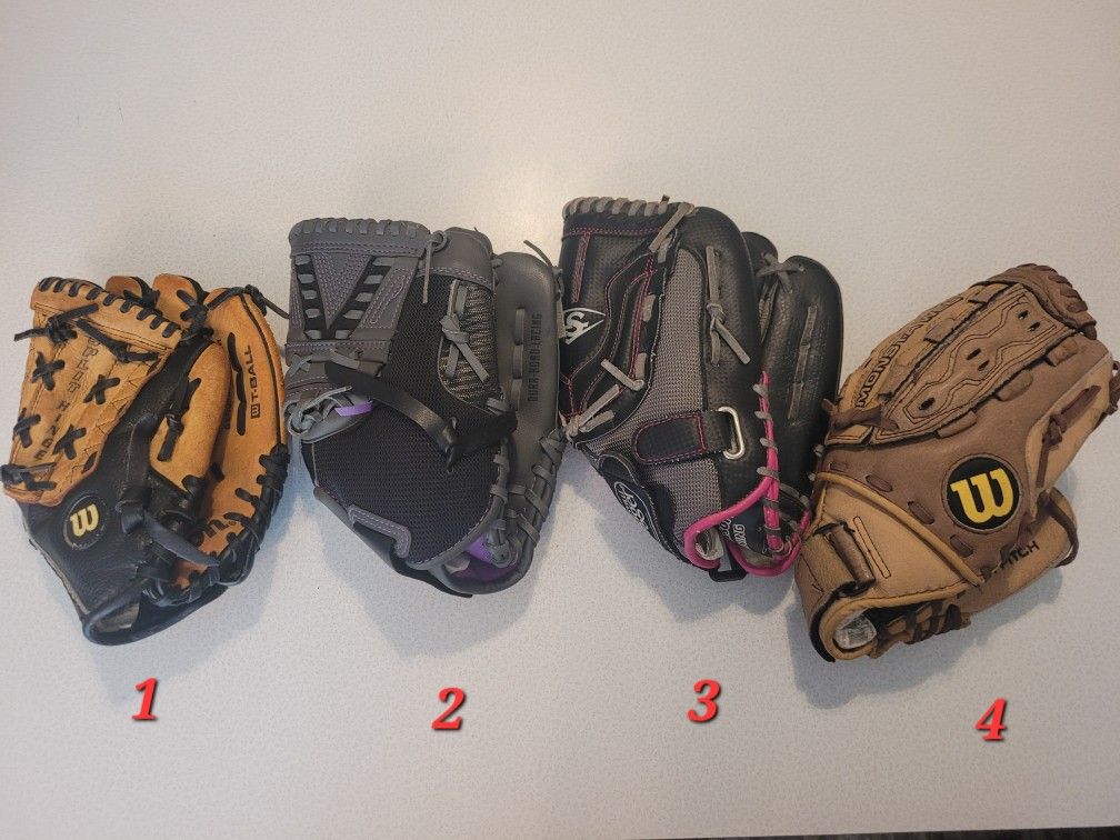 Baseball T-ball fast pitch gloves Wilson Franklin Louisville $10 ea or $30 for all