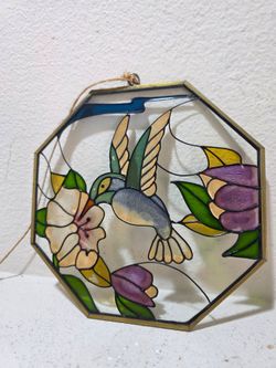 Vintage Hummingbird flower scene stained glass suncatcher hanger for window