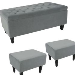 Hofitlead 43.3''Rectangular Velvet Ottoman Storage Bench, with 2 Ottoman Footstool,(Gray)