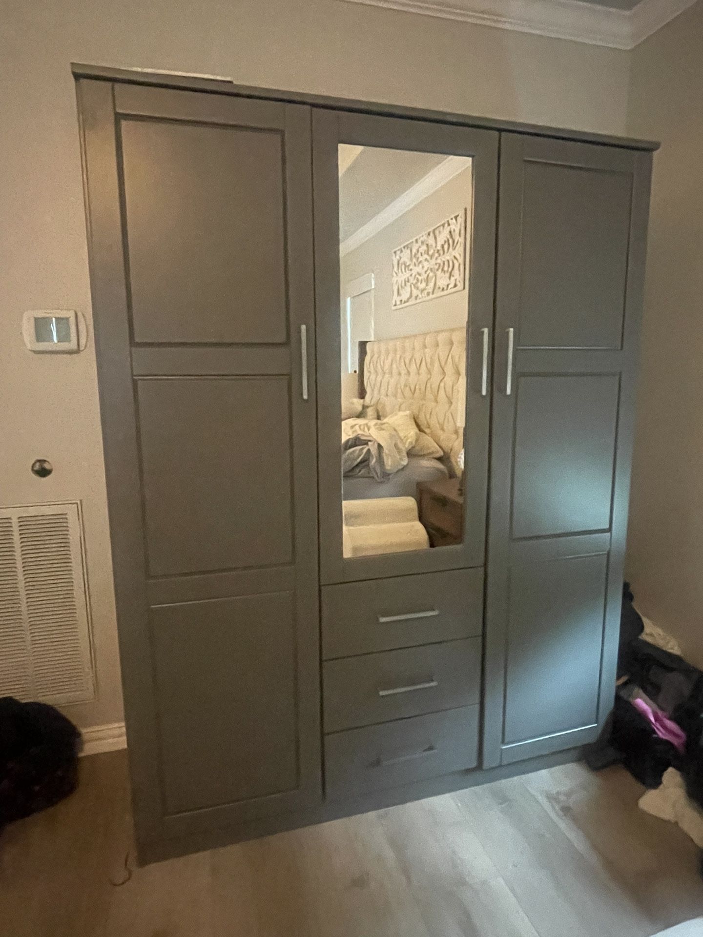 Large Gray Armoire With Mirror