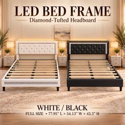 Bed Frame, Diamond Tufted Headboard with LED Lights, White /Black
