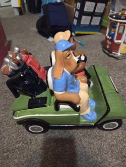 Golfing dogs in golf cart Ceramic Cookie Jar