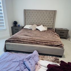 Upholstered King Bed frame With Matress And Box Spring, Night Stands Included. Only 1 Year Old Pet Free