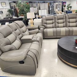 LEATHER Gray Dual Pwr Reclining SOFA And LOVESEAT