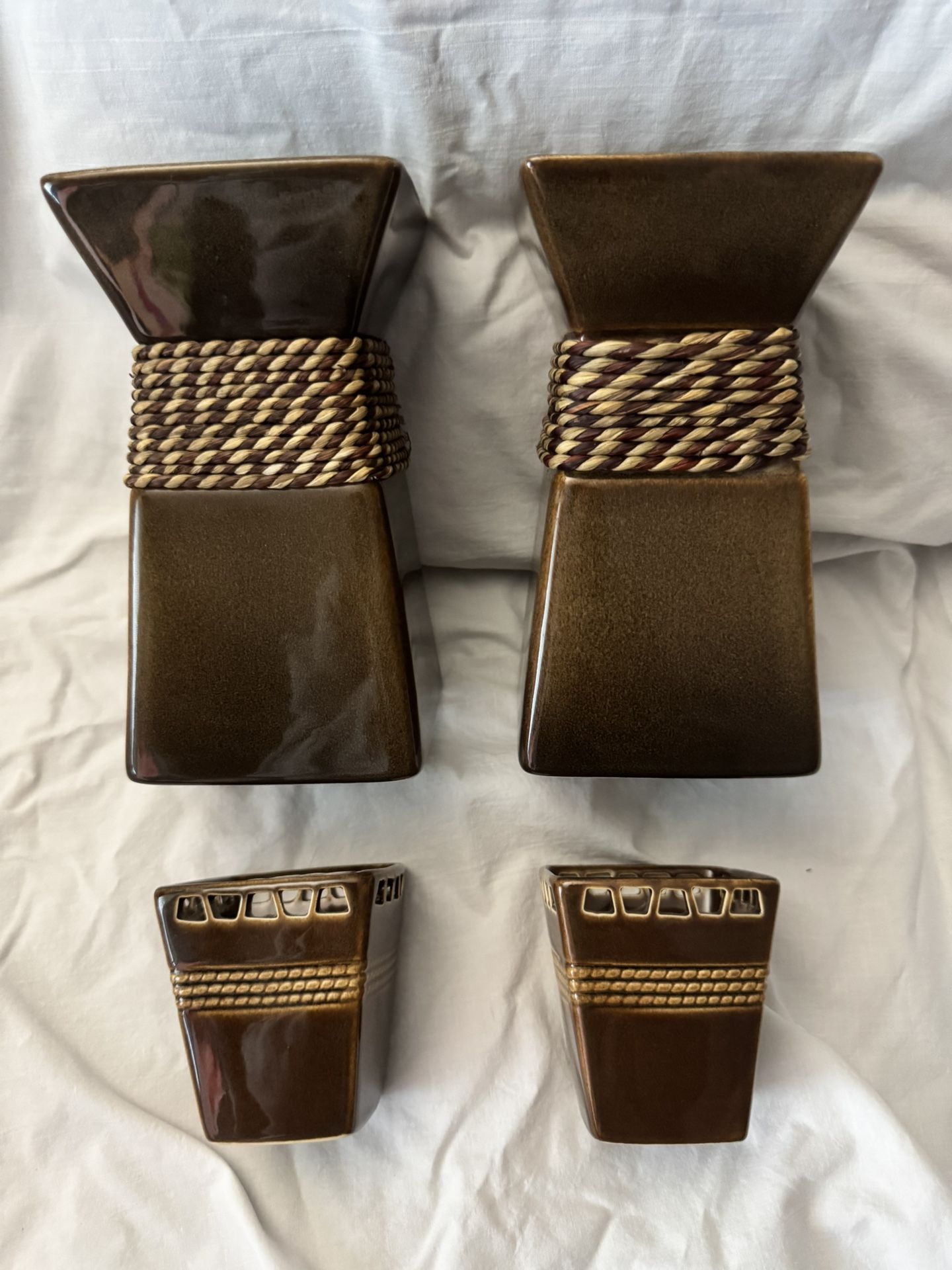 2 PartyLite Rustic Sahara Brown Candle Holders with 2 matching votive candle holders.