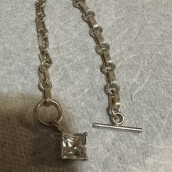 925 Sterling Silver Toggle Bracelet w/ Large Square CZ Charm – 16.9g