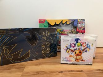 Pokémon prismatic ETB, Charizard UPC and Gardevoir premium poster collection