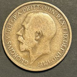 ANTIQUE 1912 Great Britain One Penny Bronze Coin King George V
