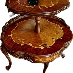 Vintage  French Inlaid Marquetry Louis XV Style Two-Tier Side Table w Carved Legs