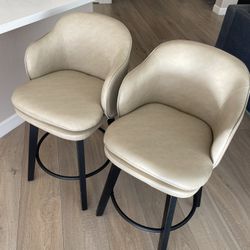 2 Counter Height Bar Stools 26” Beige PU Leather