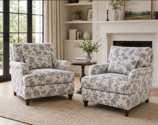Special Edition Set of 2 Blue Floral Bird Upholstered Accent Chairs – Brand New