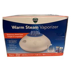 Vicks Warm Steam Vaporizer Humidifier 1.5 Gallon Filter Free Night Light White