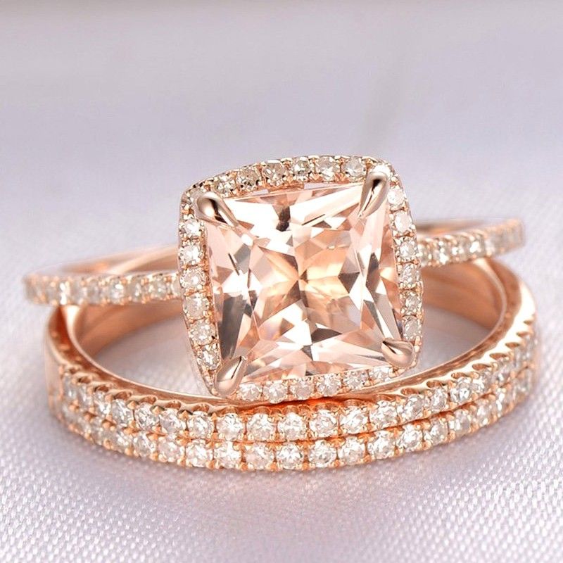 "3pcs A Set Rose Gold Luxury CZ Champagne Stone Wedding Ring for Women, VIP332