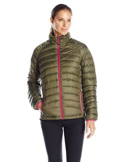 prAna Lyra packable down puffer jacket in olive green with fuchsia trim  sz m  Has two tiny holes in the inside collar shown. Put painters tape over t