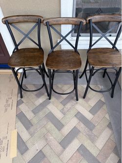 3 Solid Wood‑Style Bar Stools (Sturdy Metal Frame)
