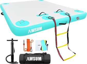 AWSUM Inflatable Floating Dock Air Dock Platform Floating Island Raft with None-Slip Surface for Pool Beach Ocean 5 × 6 ft Green