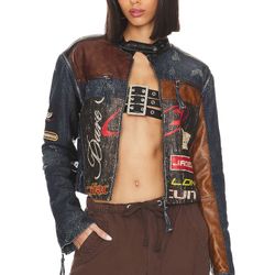 Jaded London Revolve Denim Leather Patchwork Daytona Zip Off Sleeve Moto Jacket