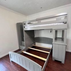 Kids Cottage (Gray) - Bunk Bed [Twin over Full w/ built in stairs and dresser]