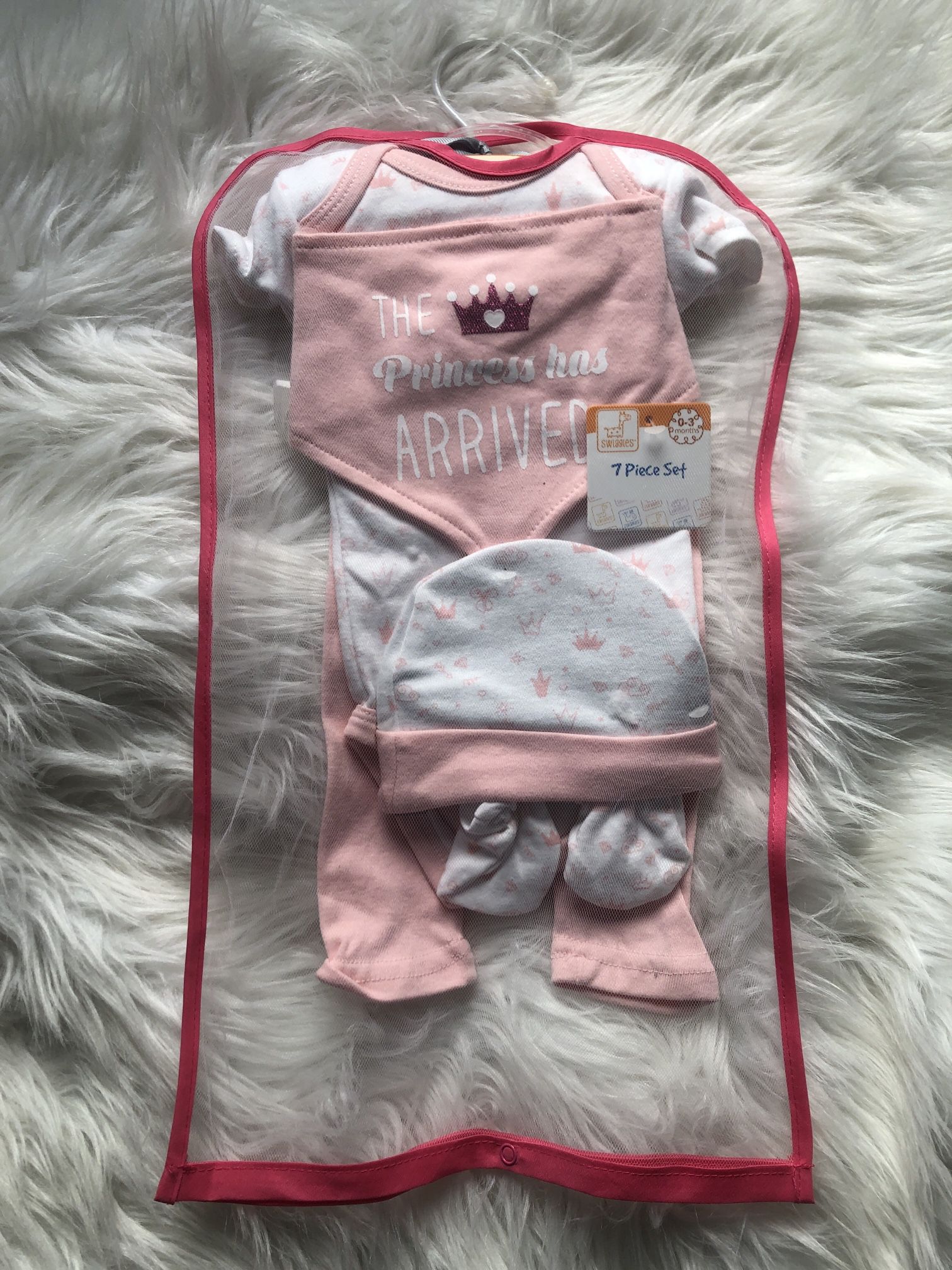 NWT Swiggles 0-3M baby girl gift set: onesie, pants, bib, mittens, hat
