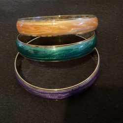 3 Gold Plated Bangle Bracelets With Swirl Pearly Metallic ( Tan,green,purple)..By Avon