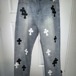Custom Made Chrome Hearts Inspired Light Blue Jeans Size 36 With Black And White Crosses, No Trades