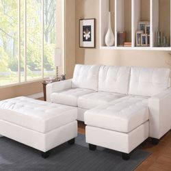 Brand New White Leather Reversible Sectional Sofa With Ottoman 