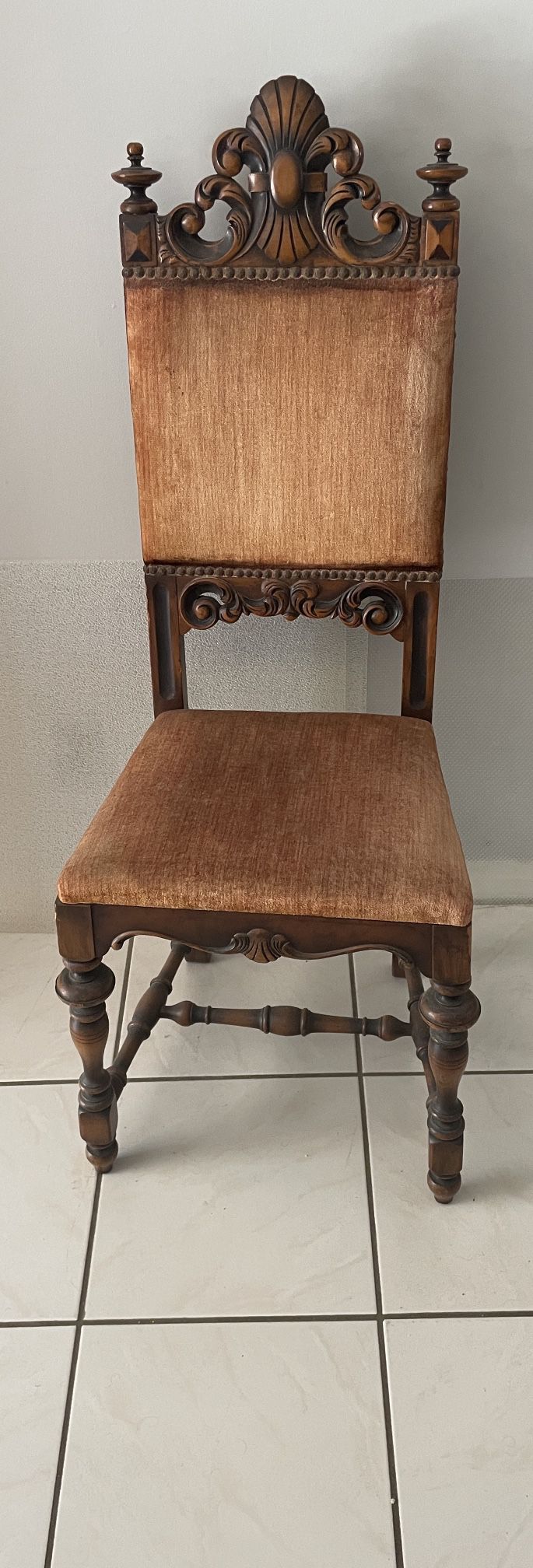 Unique Antique Hand Carved Wood Chair With Orange Padding 
