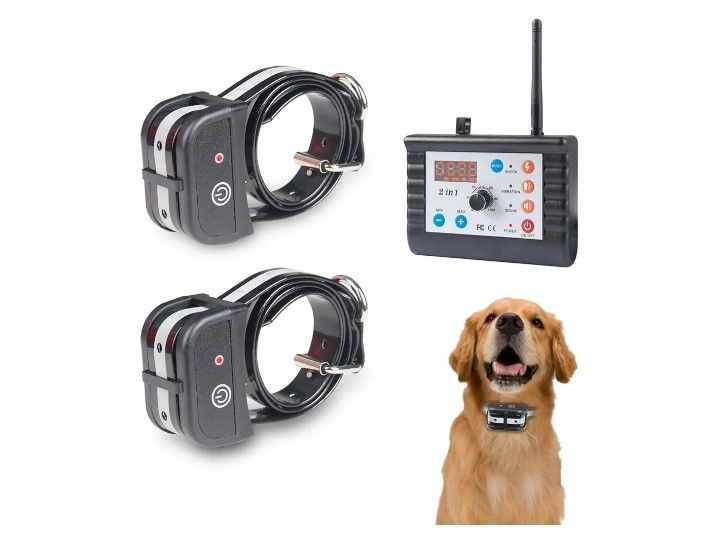 Dog Wireless Fence Pet Training Collar Two Way Signal 2-in-1 System, Adjustable Control Range Warning Strength, Display Battery Level, Waterproof