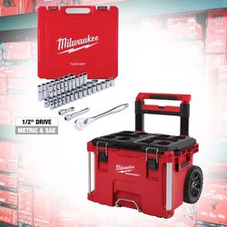 Miwaukee packout rolling box and 1/2” in. Drive SAE/Metric Ratchet and Socket Mechanics Tool